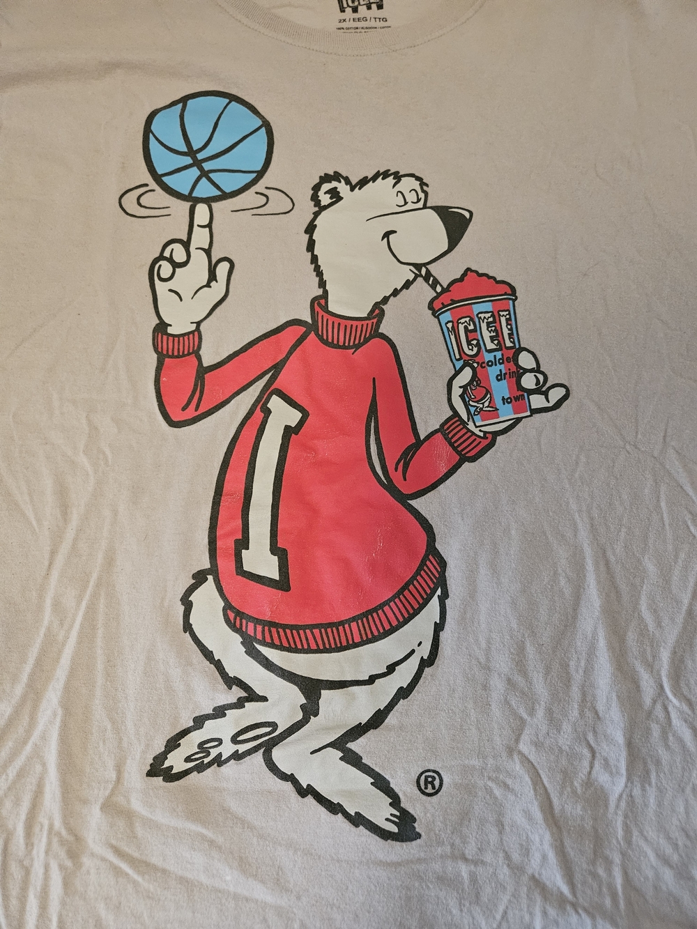 Light Purple Graphic Polar Bear Tee with Red Sweater and Blue Basketball
